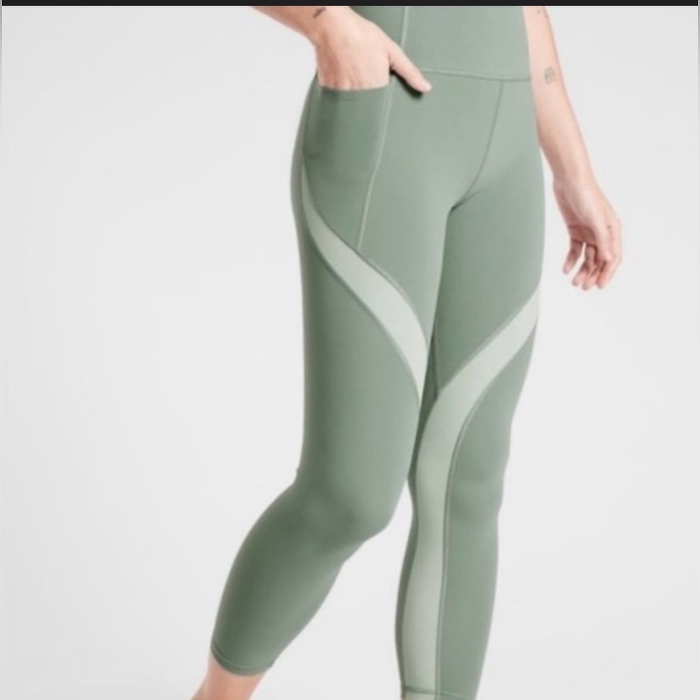 Athleta Sage Green High-Rise Leggings with Light Green Panels
